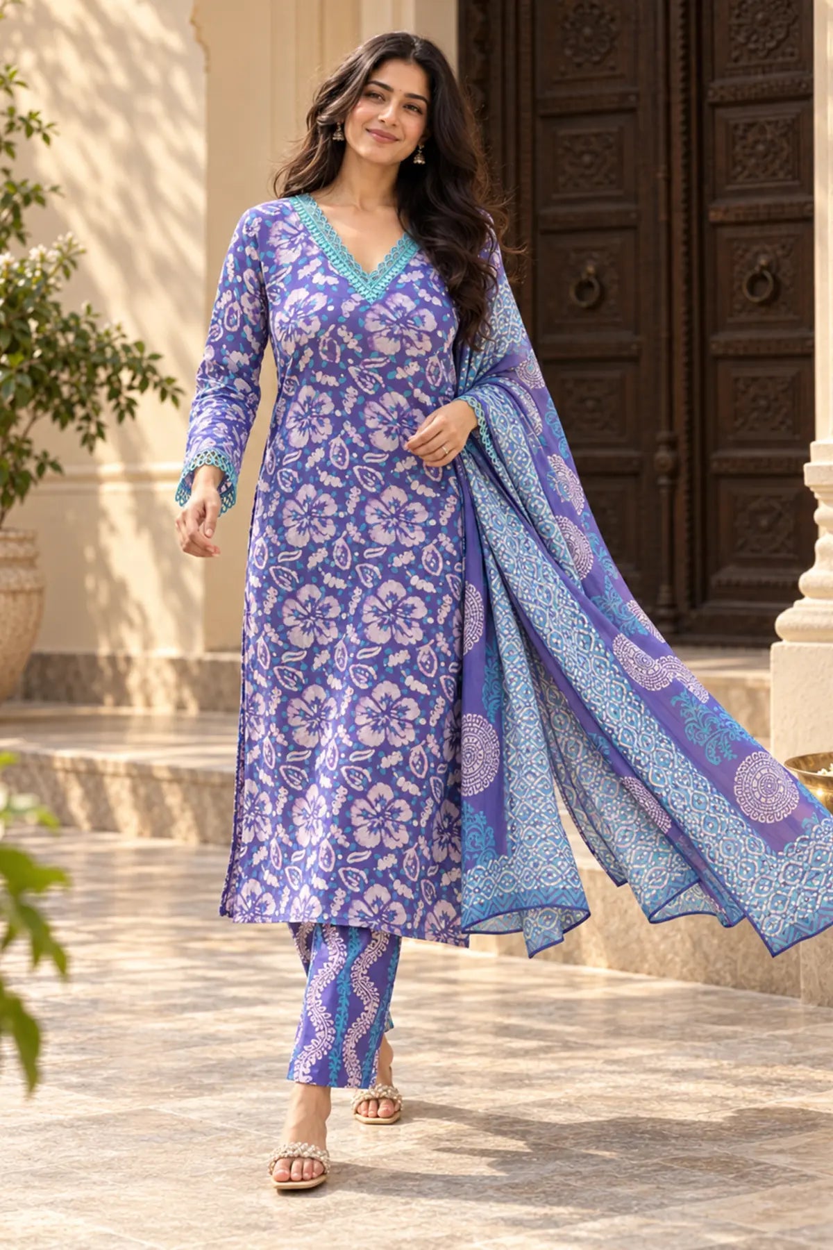Violet Garden Batik Suit Set – walking toward camera | handcrafted batik ethnic wear for women | Shades of You