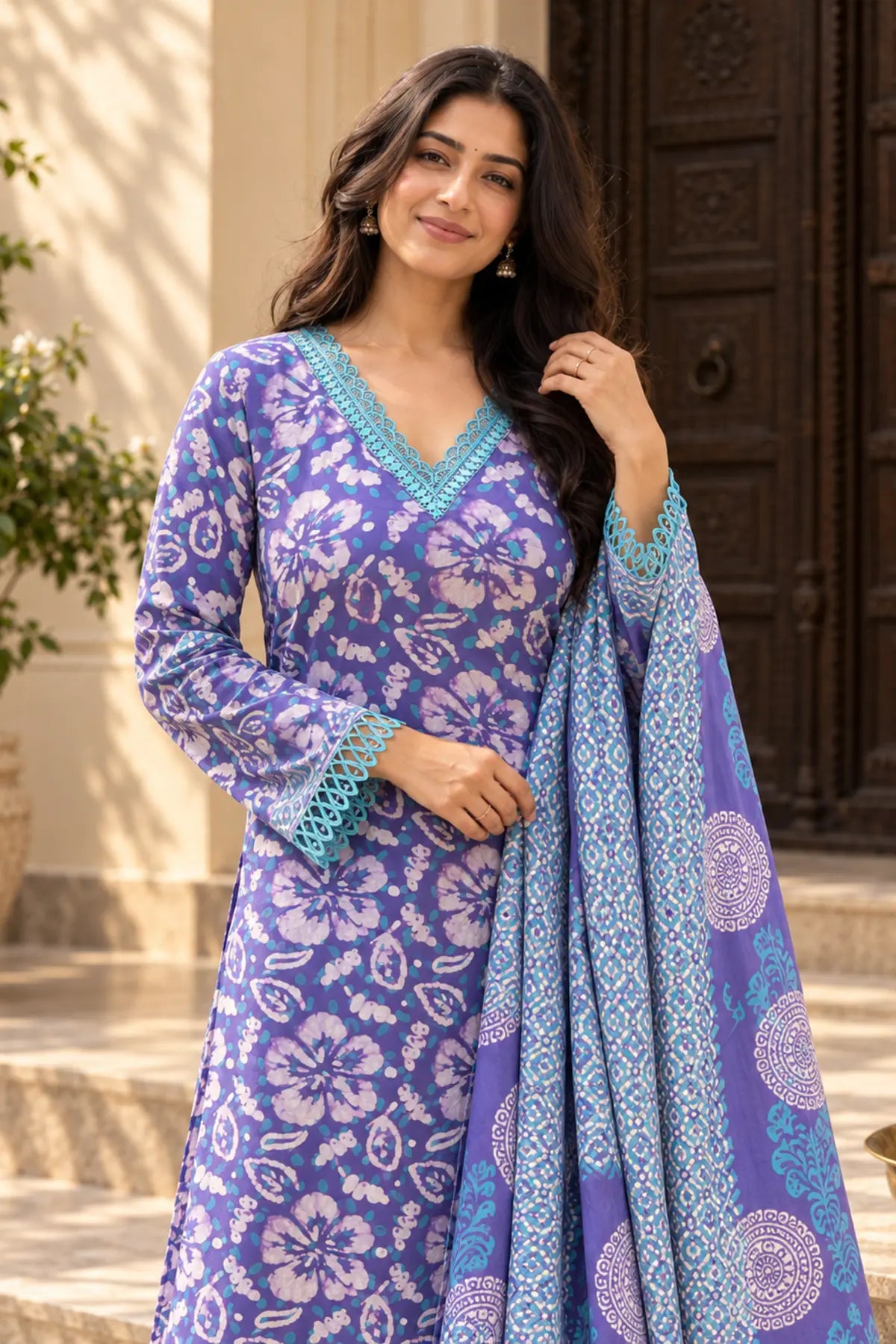 Violet Garden Batik Suit Set – model closeup | handcrafted batik ethnic wear for women | Shades of You