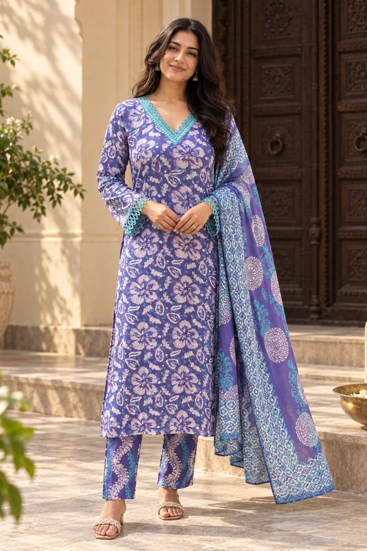 Violet Garden Batik Suit Set – full styled look | handcrafted batik ethnic wear for women | Shades of You