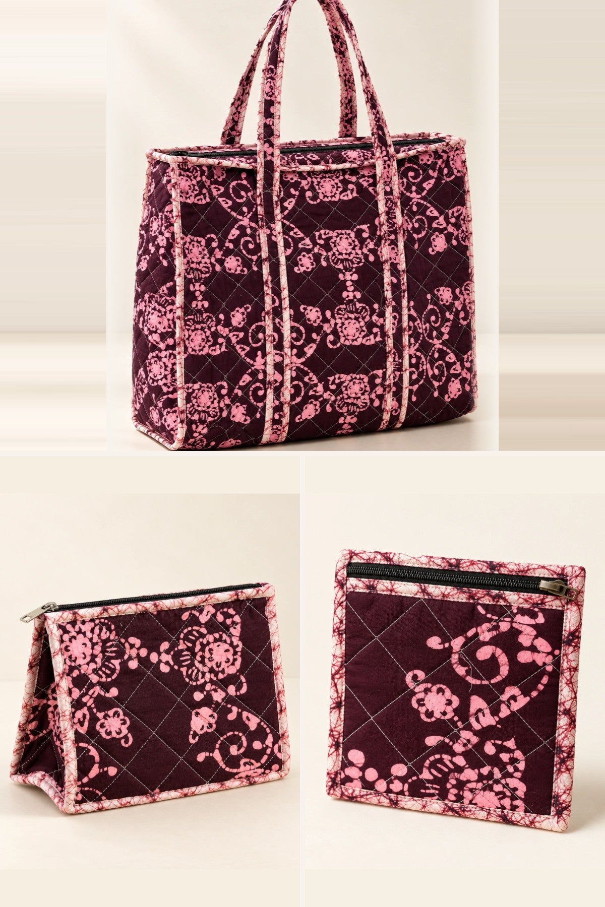 Wine Pink Floral Everyday Set: tote, makeup pouch and coin pouch, in one batik print | Shades of You