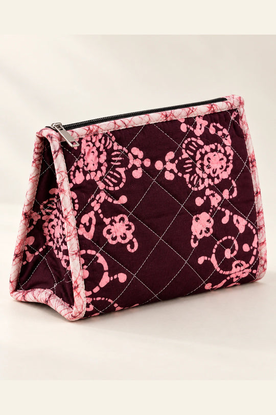 Quilted Batik Makeup Pouch in Wine Pink Floral print – back view | Shades of You, detail