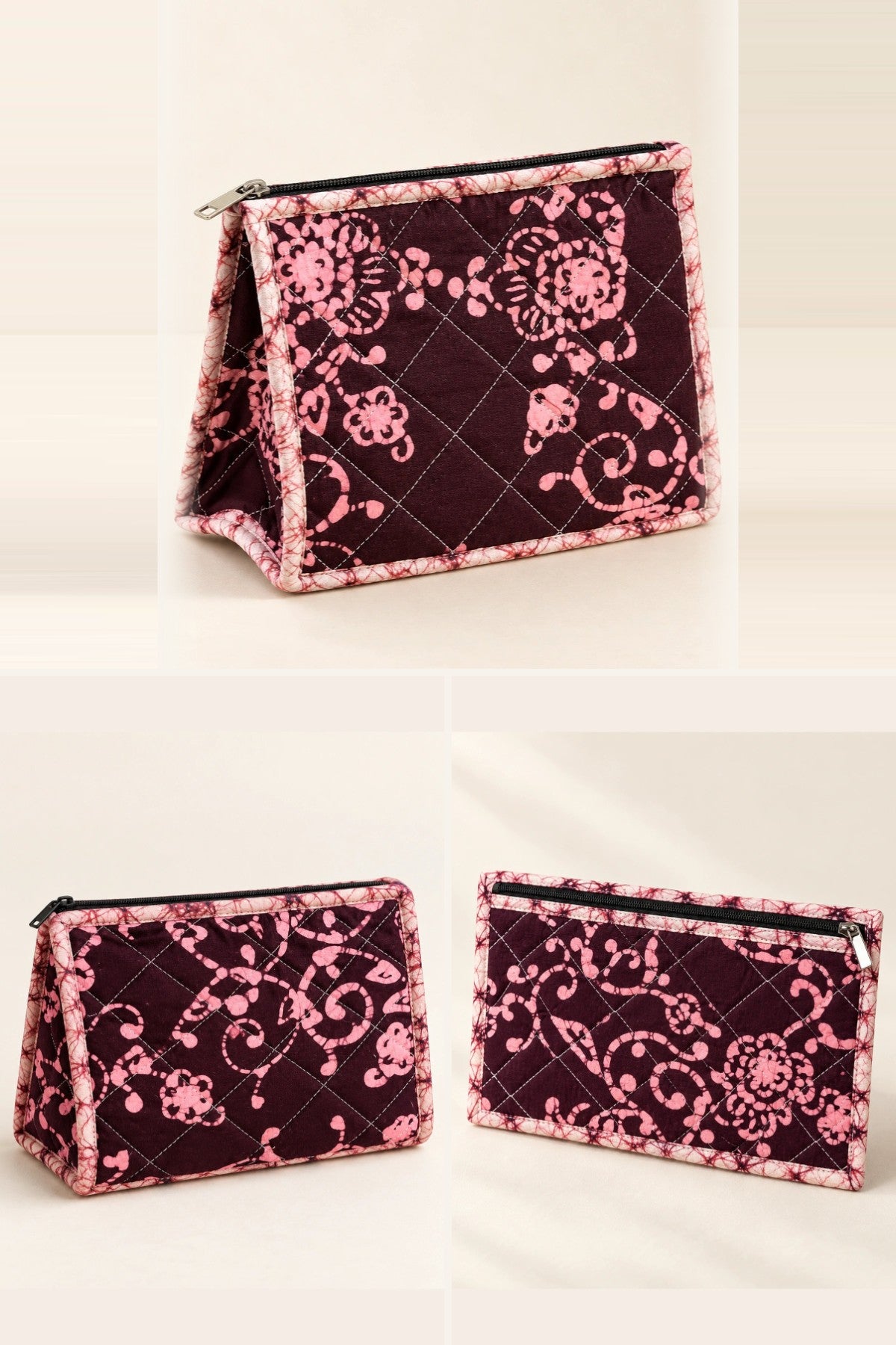 Wine Pink Floral Pouch Trio: makeup, utility and small pouch, in one batik print | Shades of You