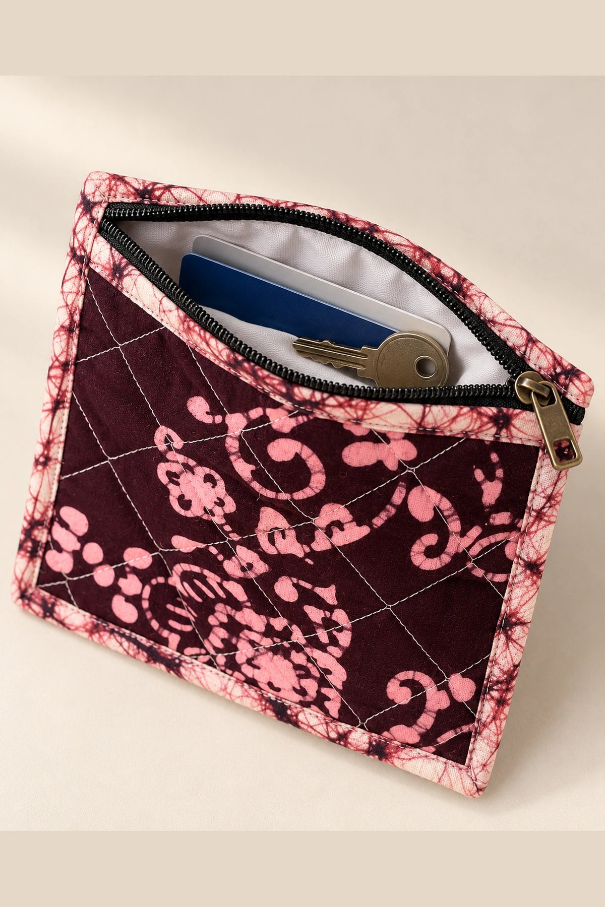 Coin Pouch in Wine Pink Floral print – open, showing keys and cards inside | Shades of You