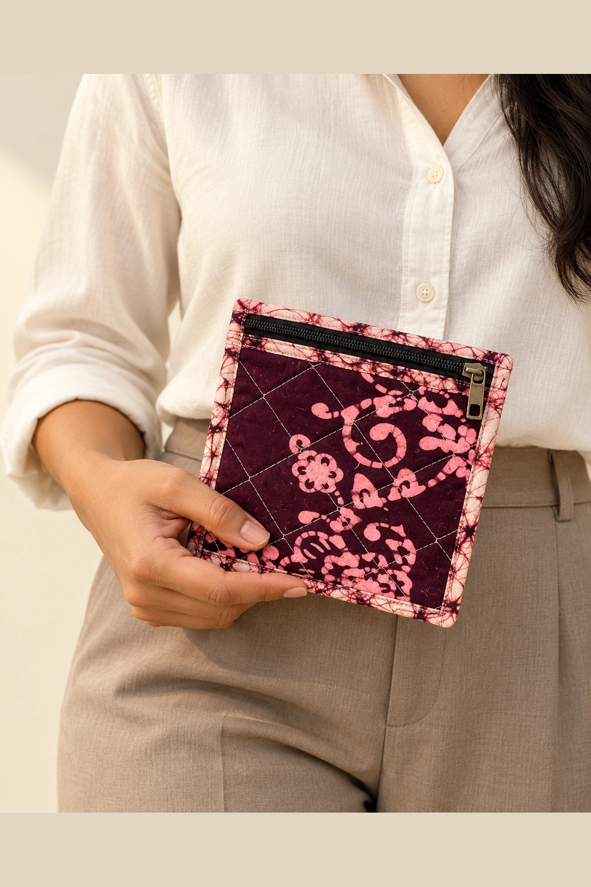 Coin Pouch in Wine Pink Floral print – held in hand | Shades of You
