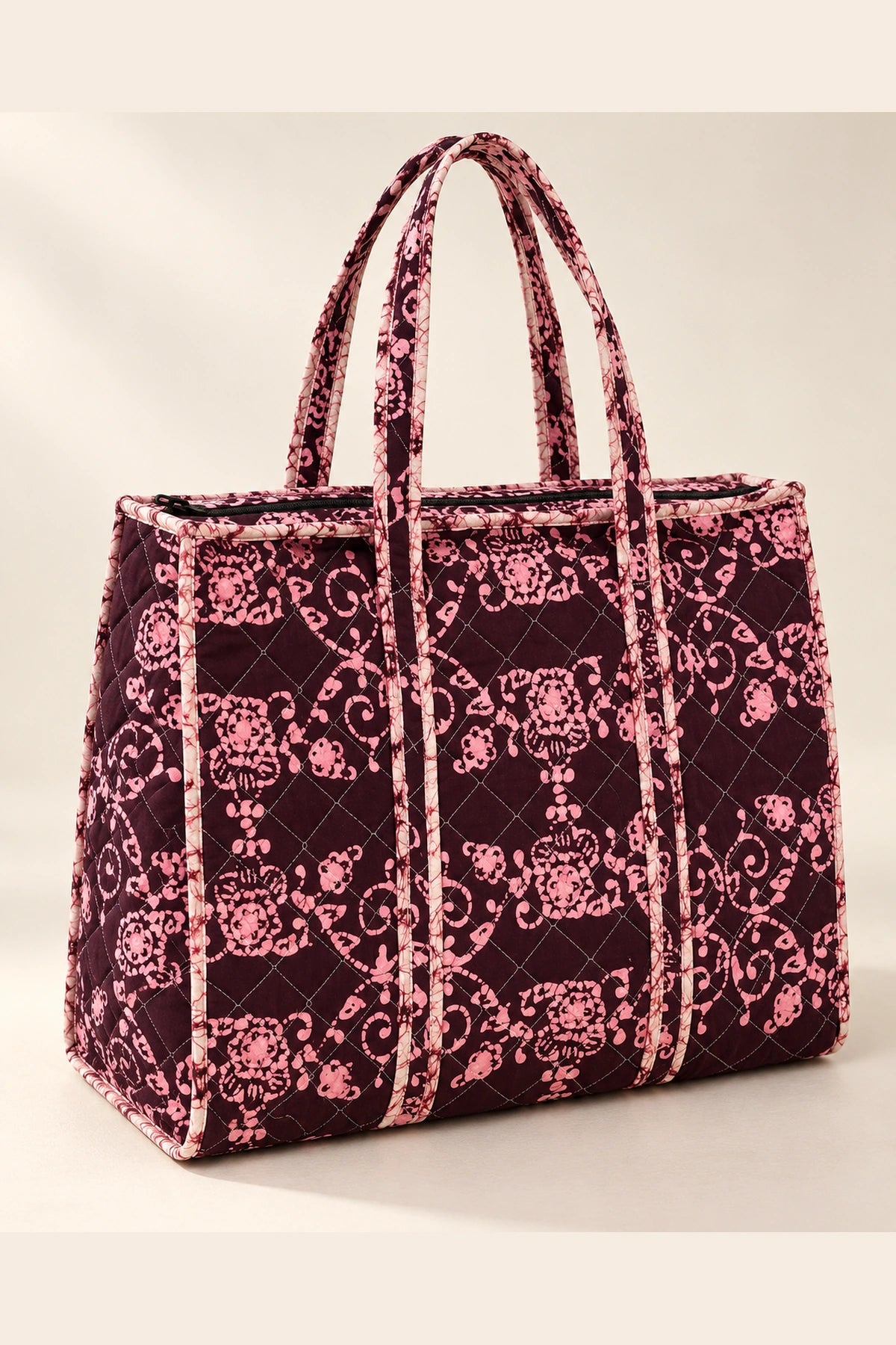 Quilted Batik Tote Bag in Wine Pink Floral print – back view | Shades of You