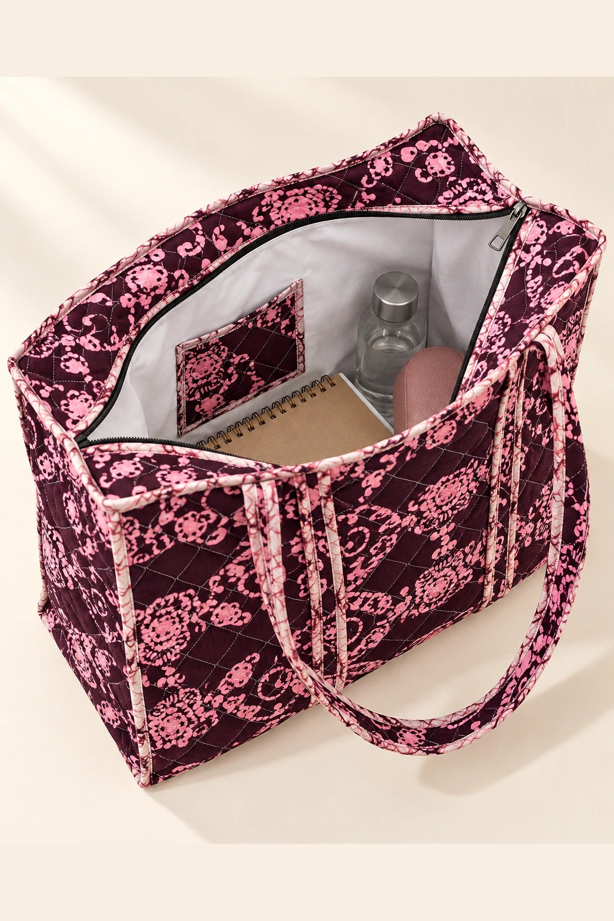Quilted Batik Tote Bag in Wine Pink Floral print – open, showing the lined interior | Shades of You