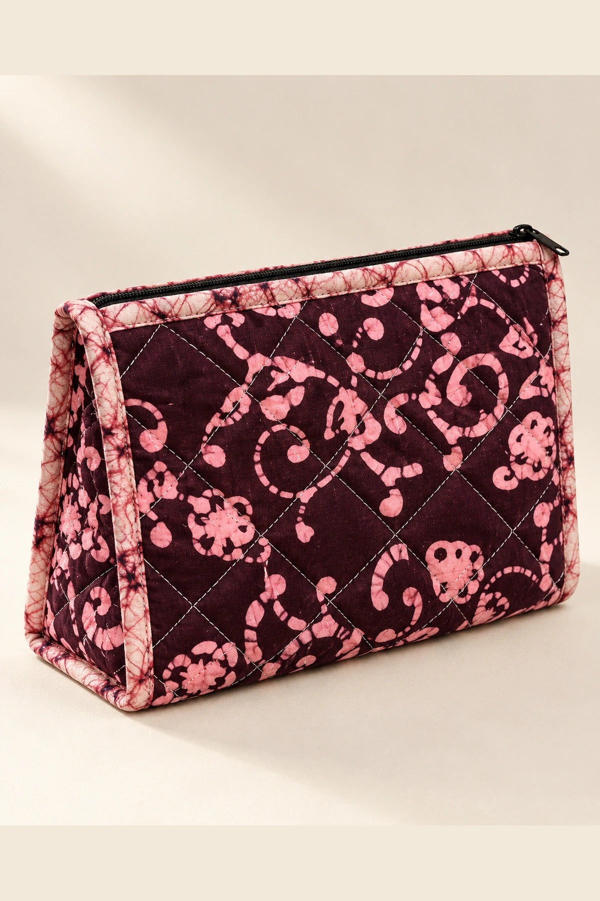Quilted Batik Utility Pouch in Wine Pink Floral print – back view | Shades of You
