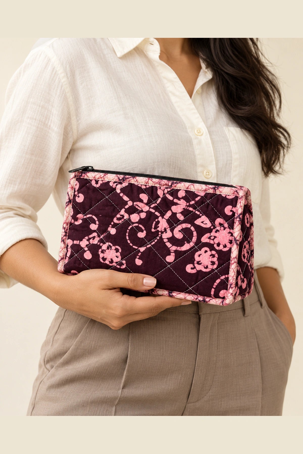 Quilted Batik Utility Pouch in Wine Pink Floral print – held in hand | Shades of You