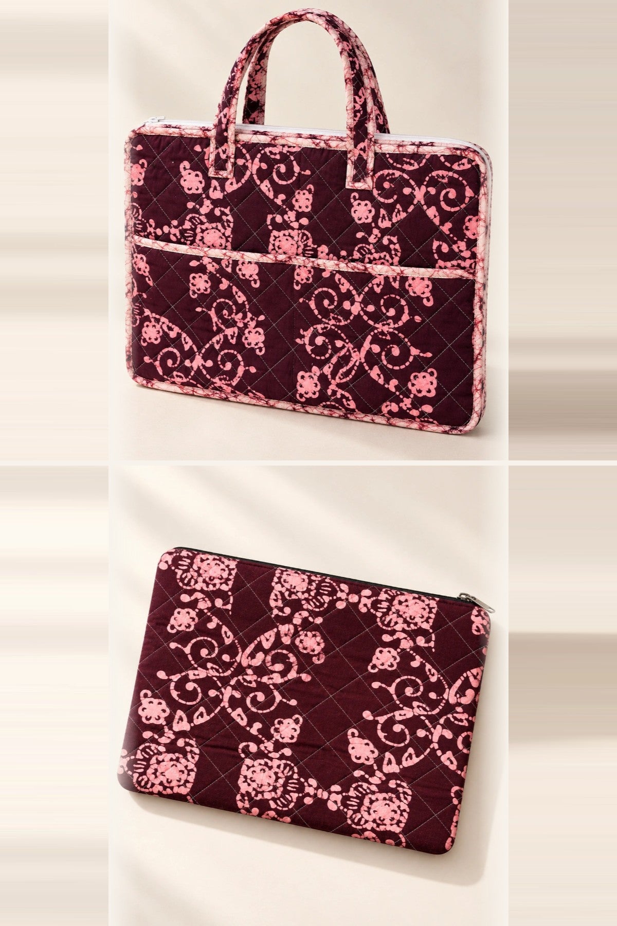 Wine Pink Floral Work Set: laptop bag and laptop sleeve, in one batik print | Shades of You